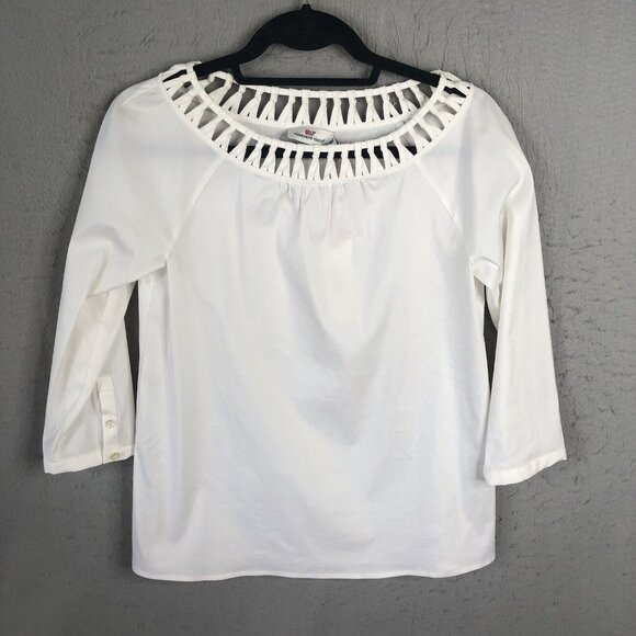 Vineyard Vines Top Womens 0 White Poplin Basketweave Stretch Beach Prep NEW - Picture 1 of 16